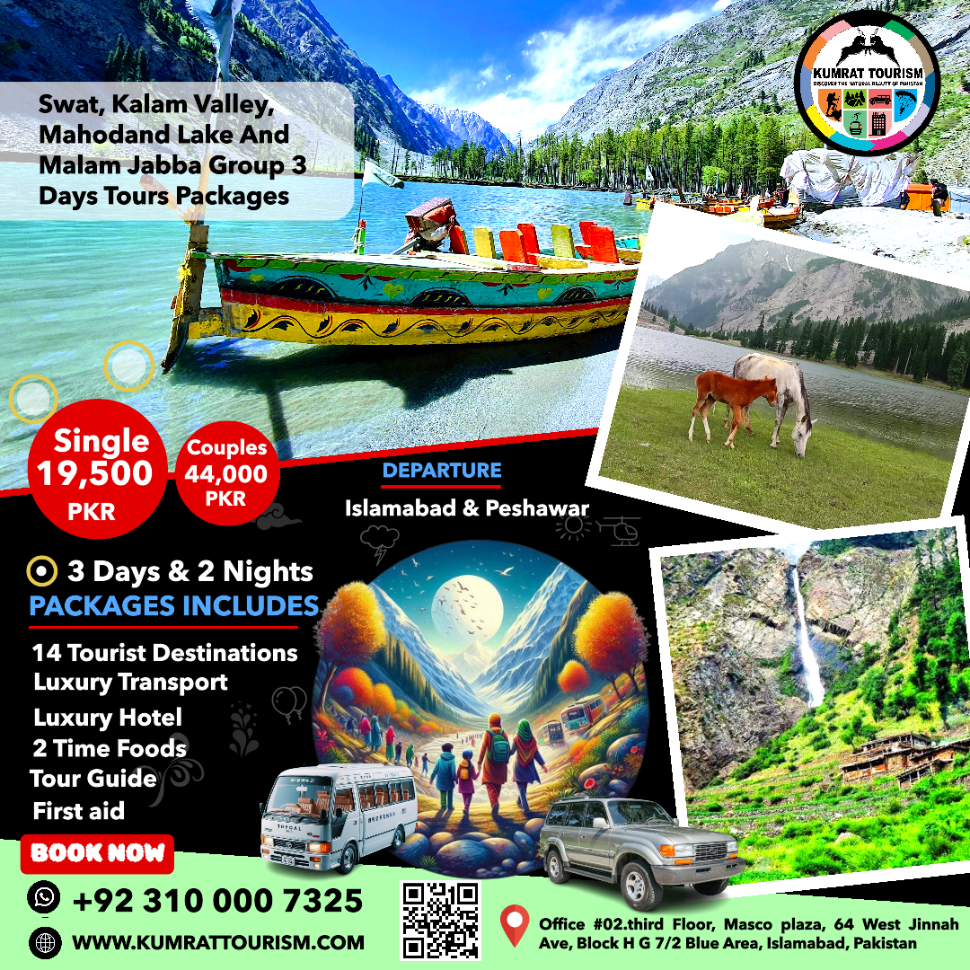 Swat, Kalam Valley, Mahodand Lake And Malam Jabba Group 3 Days Tours Packages
