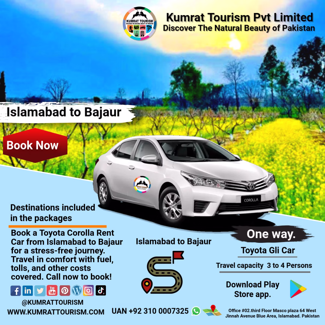 Toyota Corolla Rent Car Islamabad to Bajaur One Way Service.